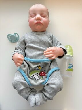 Realistic Newborn Reborn Lifelike Baby Doll in Grey Onesie with Blue Trim